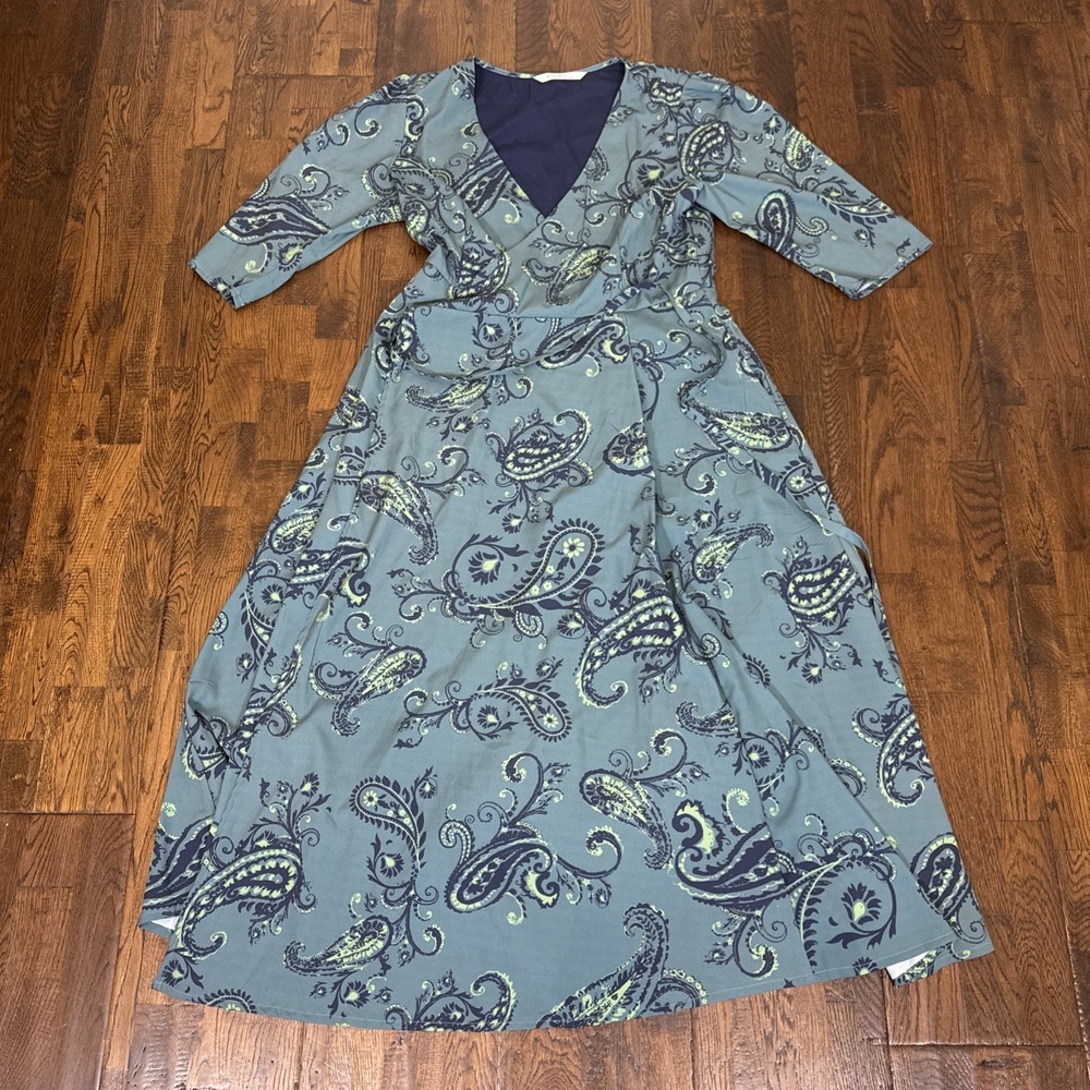 eShakti Paisley Wrap Dress Teal Blue Custom Fit L/XL With Pockets EUC